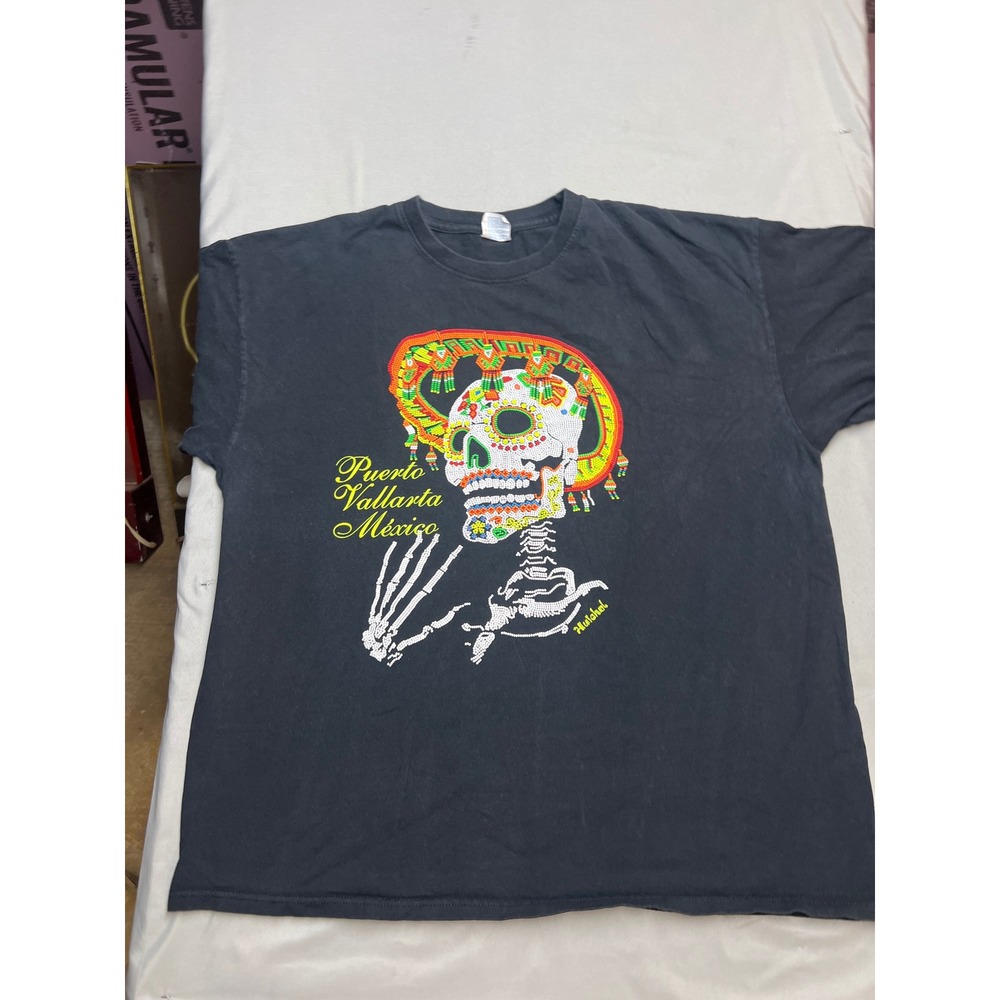 Yazbek Puerto Vallarta Mexico Sugar Skull Sombrero T-Shirt Black Mens 2XL